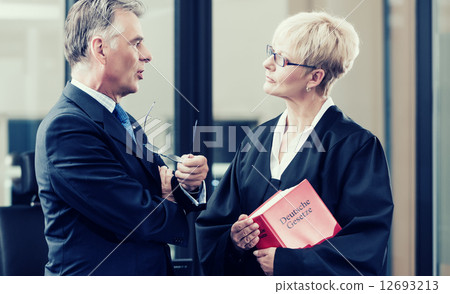 Stock Photo: lawyer with civil law code and client