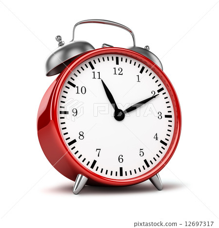 Red retro styled classic alarm clock isolated 12697317