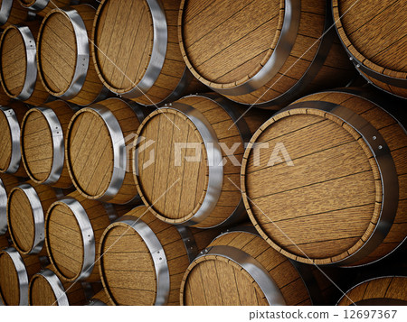 Wooden oak brandy wine beer barrels rows 12697367