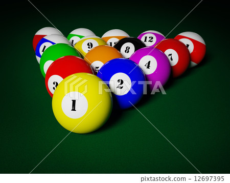 Billiards pool balls on table racked Billiards pool balls on table racked 12697395