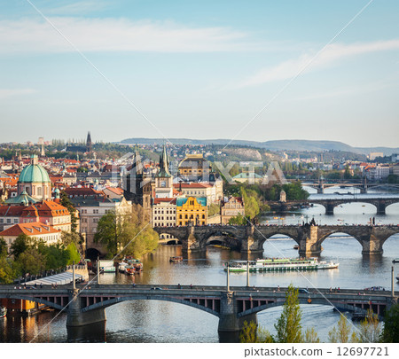 Panoramic view of Prague bridges over Vltava river from Letn** P 12697721