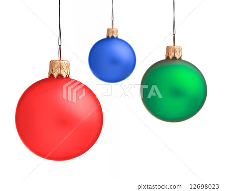 Several hanging Christmas baubles isolated 12698023
