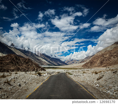 Road in Himalayan landscape in Nubra valley in Himalayas 12698170