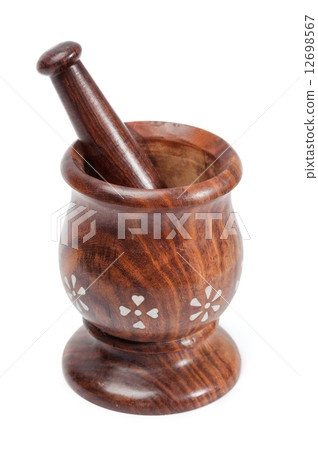 Wooden mortar and pestle isolated 12698567