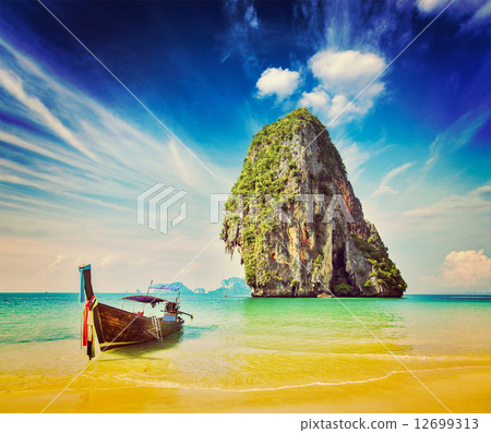 Long tail boat on beach, Thailand 12699313
