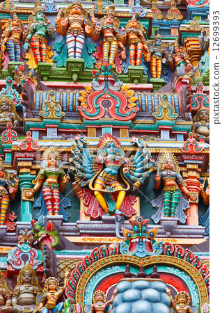 Sculptures on Hindu temple tower 12699393