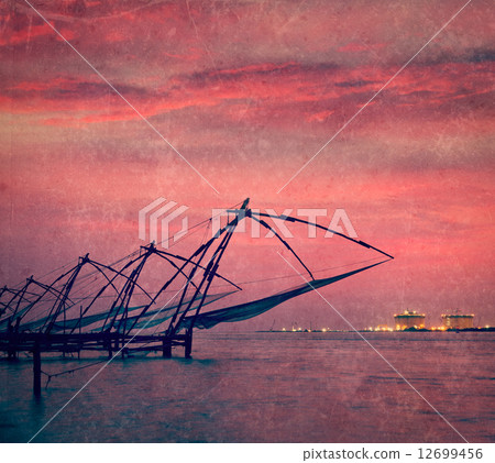 Chinese fishnets on sunset. Kochi, Kerala, India Chinese fishnets on sunset. Kochi, Kerala, India 12699456