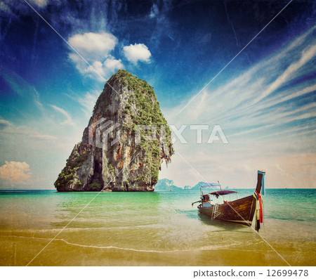 Long tail boat on beach, Thailand 12699478