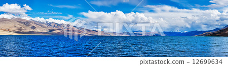 Panorama of lake Tso Moriri in Himalayas, Ladakh 12699634