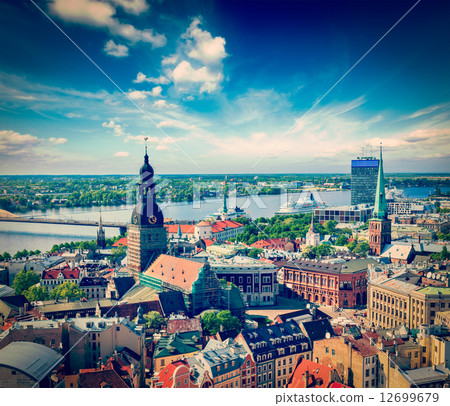 Aerial view of Riga center from St. Peter's Church, Riga, Latvia 12699679