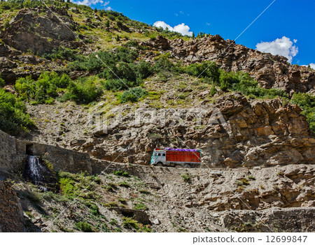 Manali-Leh road in Indian Himalayas with lorry. Himachal Pradesh 12699847