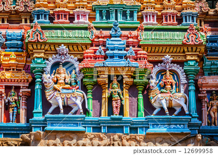 Sculptures on Hindu temple tower 12699958