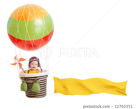 cheerful child girl on hot air balloon isolated on white 12703351