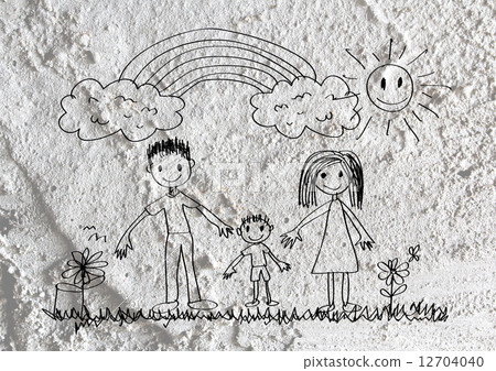 Happy family father, mother, son and daughter on wall texture ba 12704040