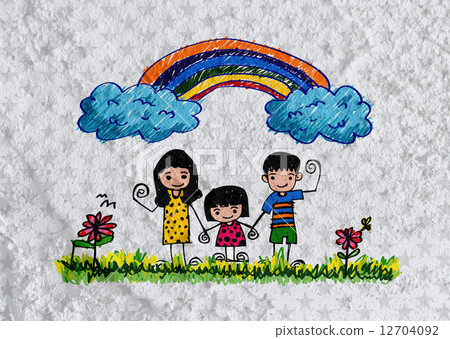 Happy family  father, mother, son and  daughter on wall texture 12704092