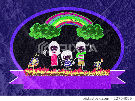 Happy family  father, mother, son and  daughter on wall texture 12704099
