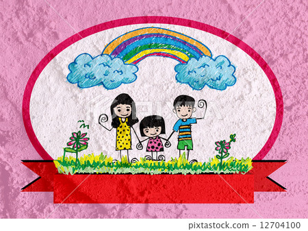 Happy family  father, mother, son and  daughter on wall texture 12704100
