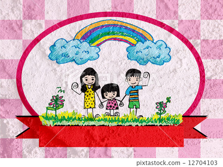 Happy family  father, mother, son and  daughter on wall texture 12704103