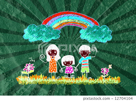 Happy family  father, mother, son and  daughter on wall texture 12704104