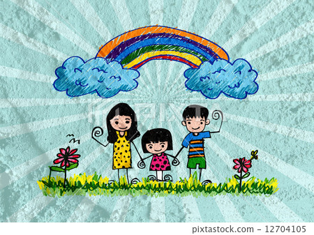 Happy family  father, mother, son and  daughter on wall texture 12704105