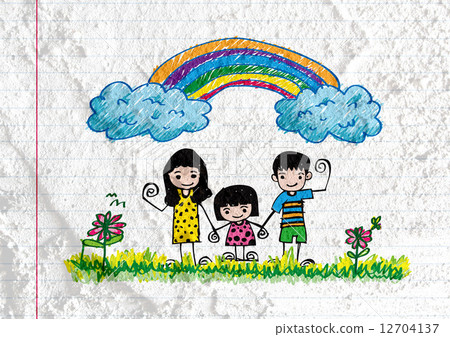 Happy family  father, mother, son and  daughter on wall texture 12704137