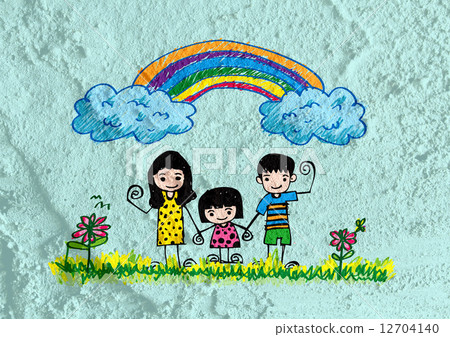 Happy family  father, mother, son and  daughter on wall texture 12704140