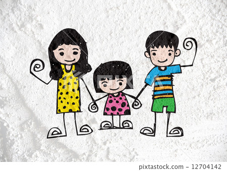 Happy family  father, mother, son and  daughter on wall texture 12704142