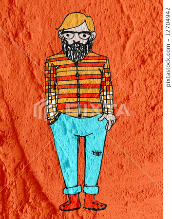 People cartoon   on Cement wall texture background 12704942