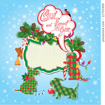 Christmas and New Year holidays card with funny scottish terrier 12705989