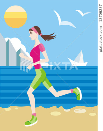 Girl in a sports uniform jogging on beach 12706287