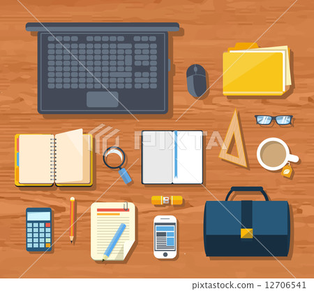 Top view of workplace with laptop and devices 12706541