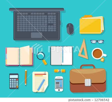 Top view of workplace with laptop and devices Top view of workplace with laptop and devices 12706542