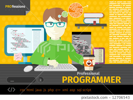 Male programmer with digital devices on workplace Male programmer with digital devices on workplace 12706543