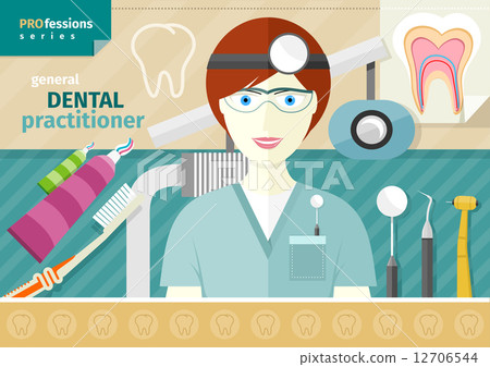 Dentist in uniform with instrument on workplace 12706544