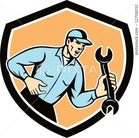 Mechanic Shouting Holding Spanner Wrench Shield Retro 12708832
