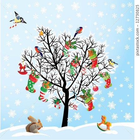 Winter tree with birds, squirrel, Xmas shoes, candies and presen 12730825