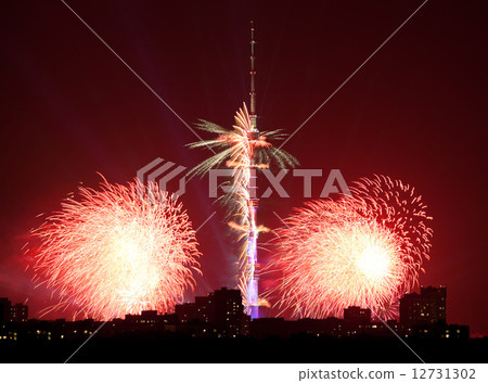 red fireworks near Ostankinskaya TV Tower, Moscow 12731302
