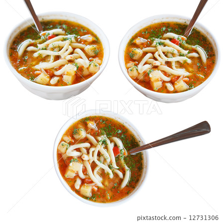 three bowls with laghman soup isolated three bowls with laghman soup isolated 12731306