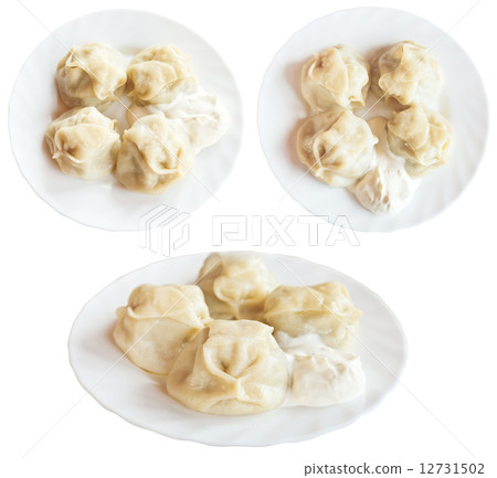 three plates with manti dumpling isolated three plates with manti dumpling isolated 12731502