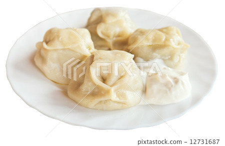manti dumpling on white plate isolated manti dumpling on white plate isolated 12731687