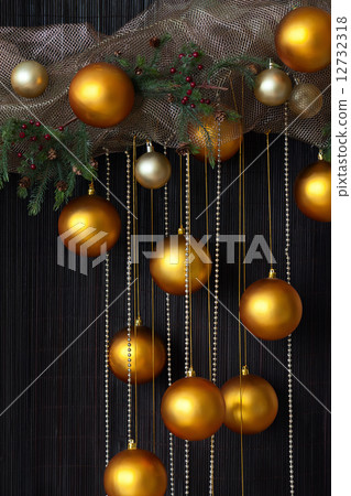 Christmas Balls and Spruce Branches with Cones on Natural Backgr Christmas Balls and Spruce Branches with Cones on Natural Backgr 12732318