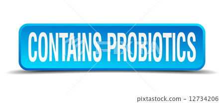 contains probiotics blue 3d realistic square isolated button 12734206