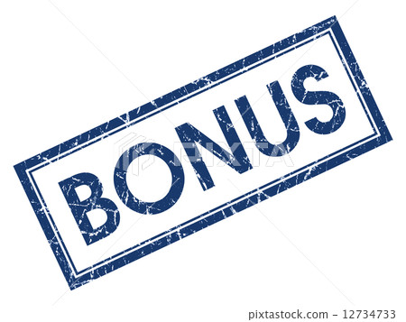 Bonus blue square grungy stamp isolated on white background 12734733