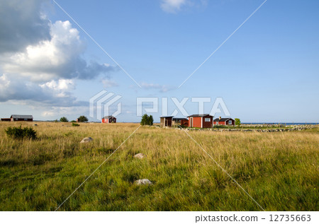 Fishermens old red cabins at the coast of Baltic sea 12735663