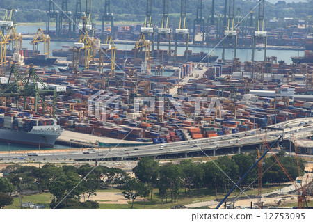 Landscape from bird view of Cargo ships entering one of the busi 12753095