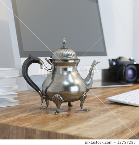Vintage Metal Coffee Pot On Wooden Table At Working Place 12757285