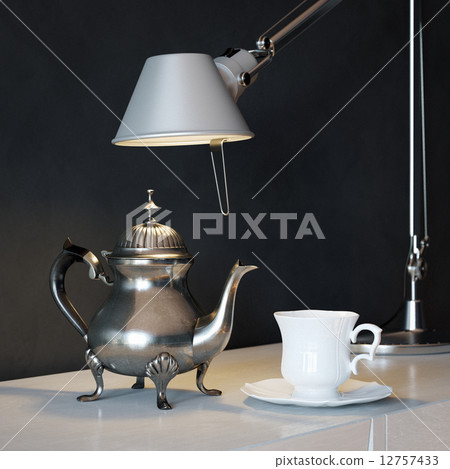 Vintage Metal Coffee Pot With Cup And Lamp On The Coffee Table Vintage Metal Coffee Pot With Cup And Lamp On The Coffee Table 12757433