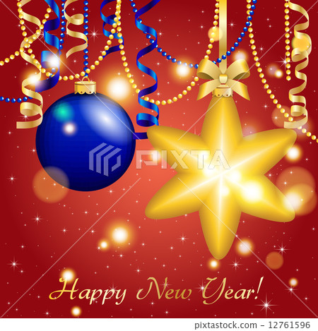 New Year greeting card. Christmas Star Ball with bow and ribbon. Xmas Decorations. New Year greeting card. Christmas Star Ball with bow and ribbon. Xmas Decorations. 12761596