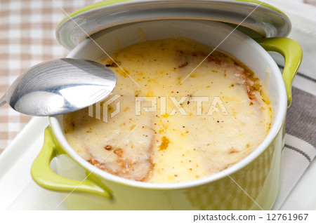 onion soup with melted cheese and bread on top onion soup with melted cheese and bread on top 12761967