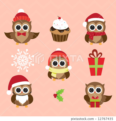 Christmas and New Year's owls in funny costumes Christmas and New Year's owls in funny costumes 12767435